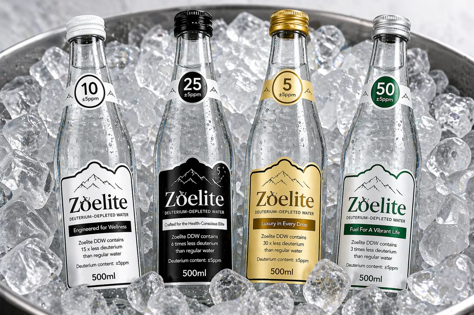 Four bottles of DDW in ice